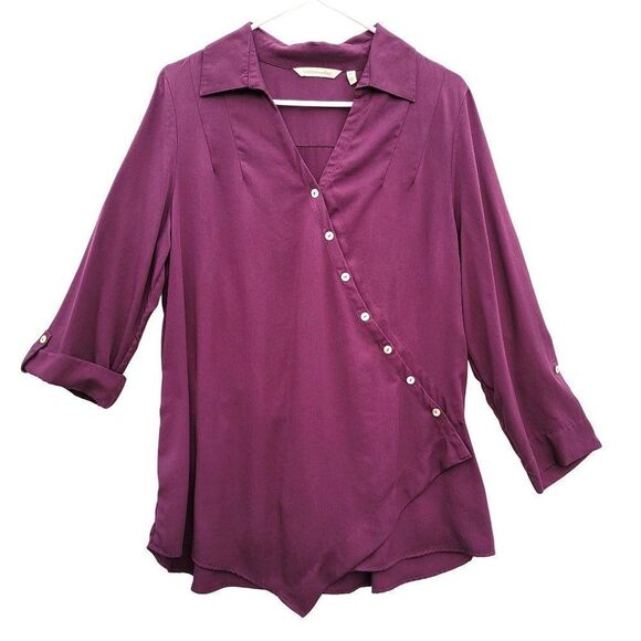 Soft Surroundings Size PM Tunic Top Washed Tencel Purple Wrap Front Asymmetric - Picture 2 of 13